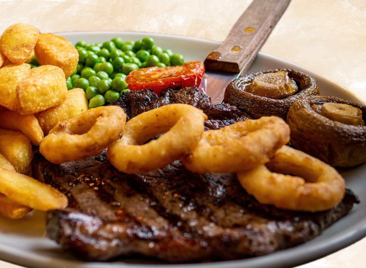Steak Chips, Onion Rings, Mushroom and Salad