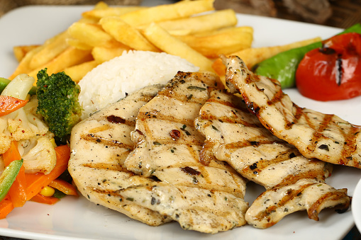 Steak and Grilled Chicken, Rice, Chips and Salad
