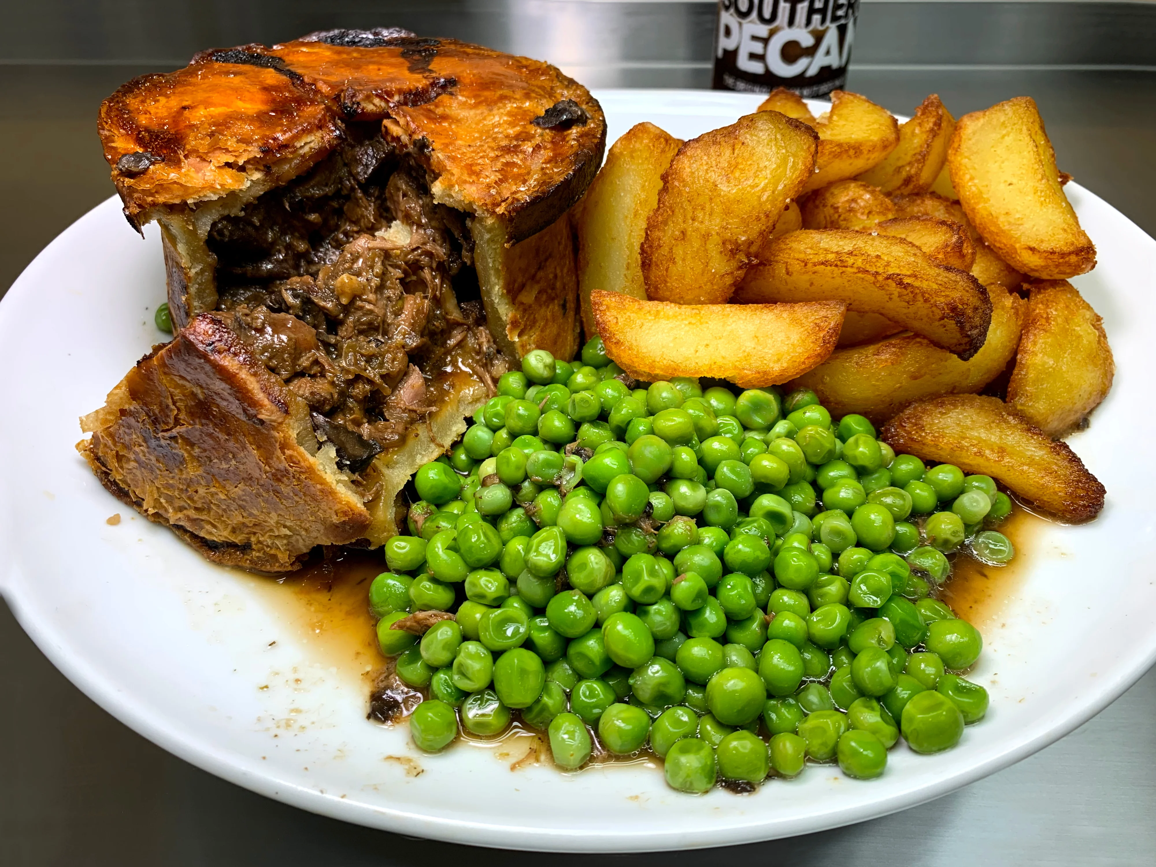 Beef and Onion Pie Chips Peas or Beans
